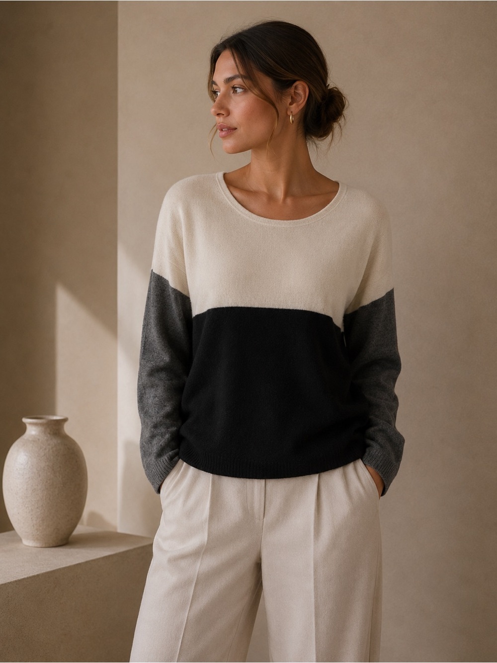 VINCE Scoop Neck Cashmere-Wool Blend ColourBlock Sweater Sz Medium